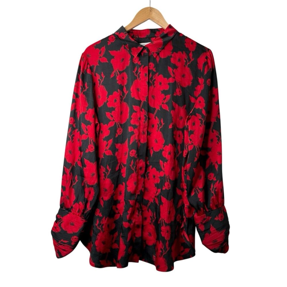 Chicos Button Up Top Size 3 US 16 Floral Feminine Florence Mirage Red Black XL